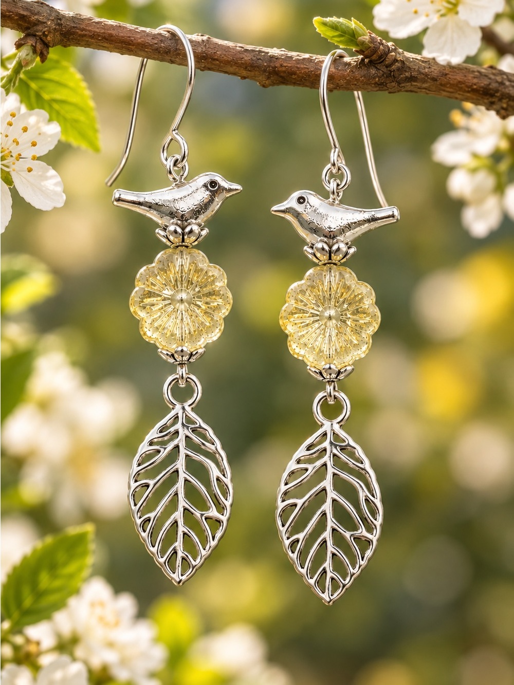 Bird & Leaf Dangle Earrings, Flower Glass, Silver Tone, Artisan Handmade